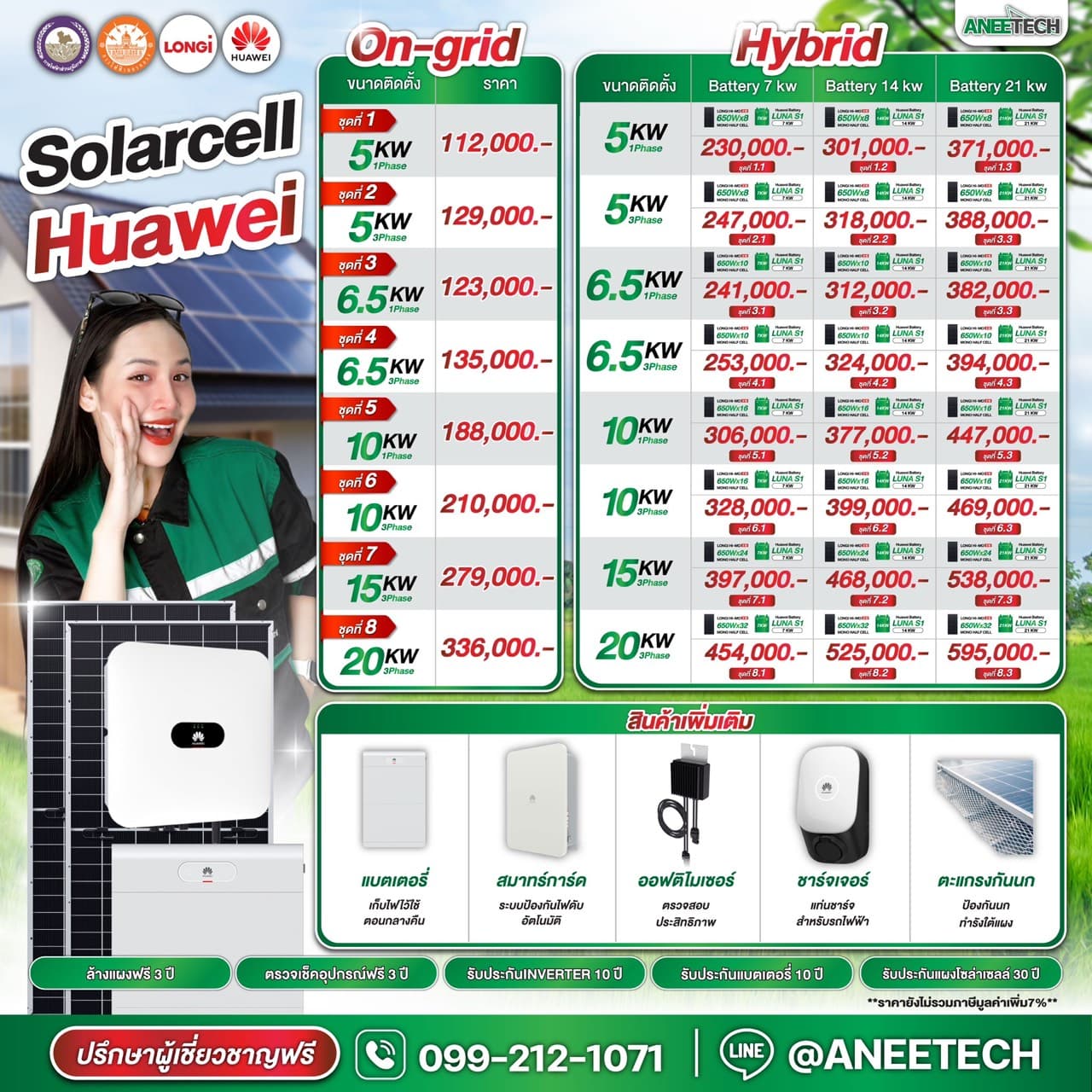 รายละเอียดแพ็กเกจ Solarcell Huawei ราคายังไม่รวมภาษีมูลค่าเพิ่ม 7%